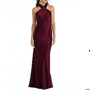 Burgundy Draped twist halter tie back gown